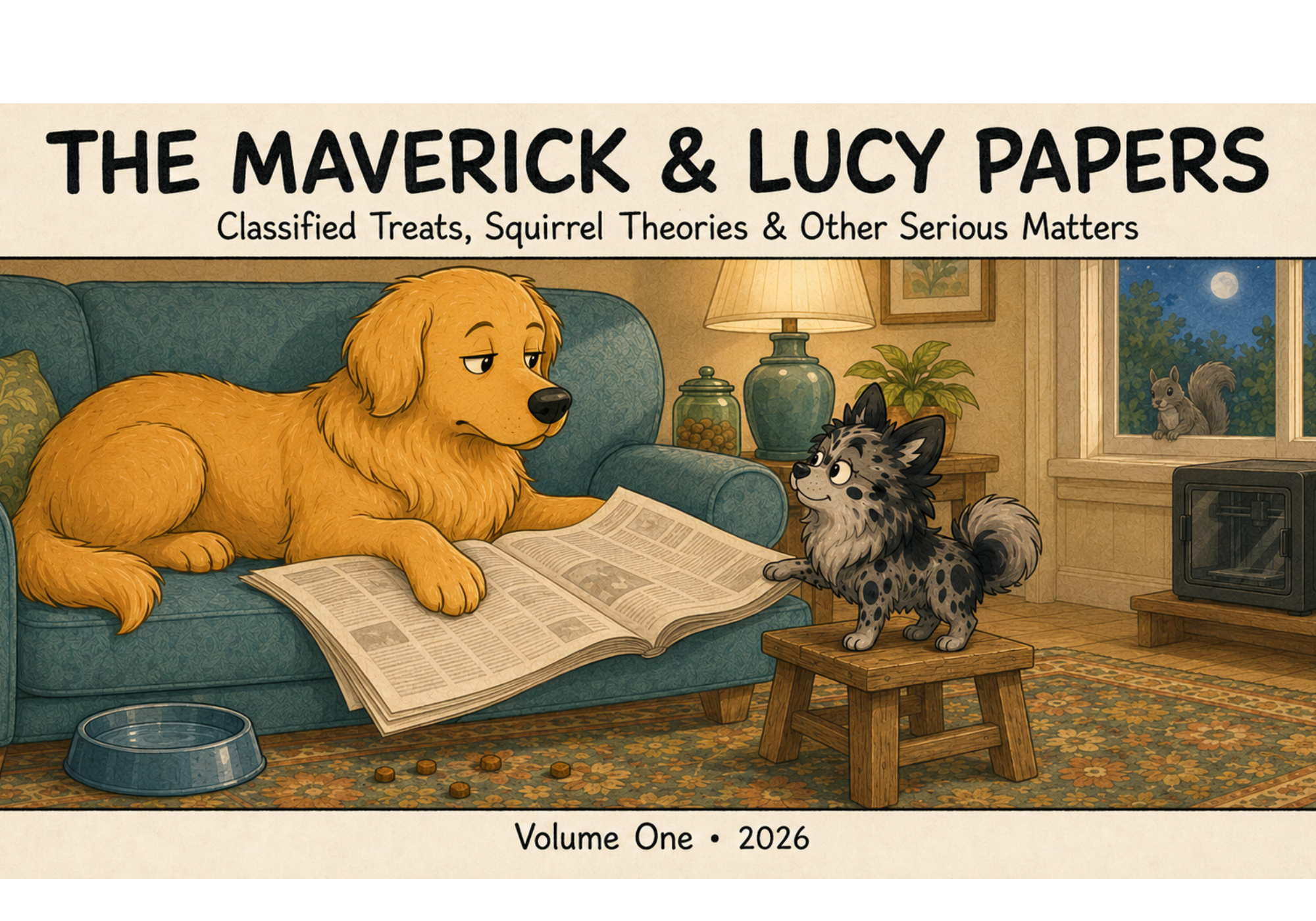 Lucy stretches out on a teal sofa beside Maverick, who stands on a wooden stool. A squirrel keeps watch outside.